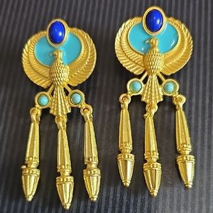 Eygption Revival Deep Gold Tone Falcon Drop Earrings